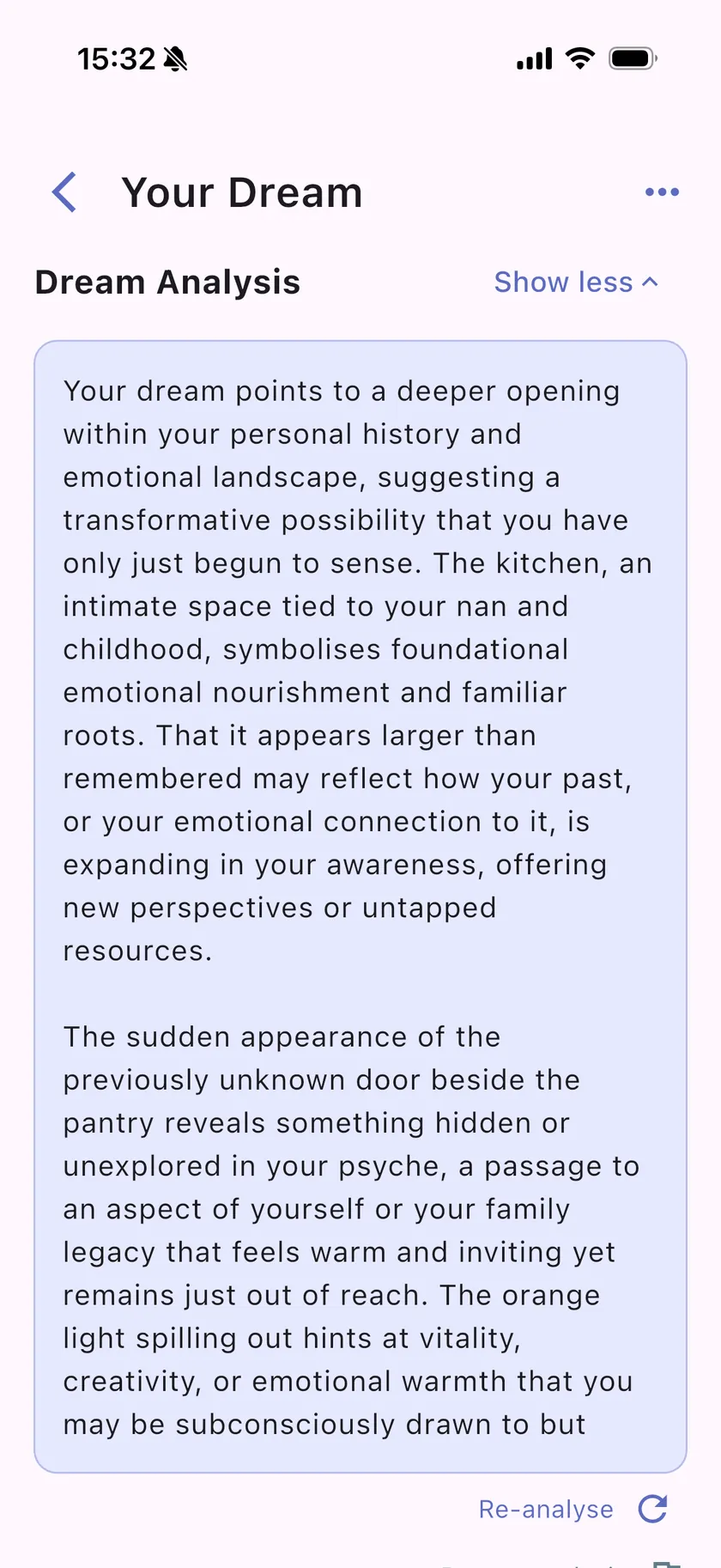 Slumbr's Your Dream screen showing an AI analysis of a dream about a grandmother's kitchen