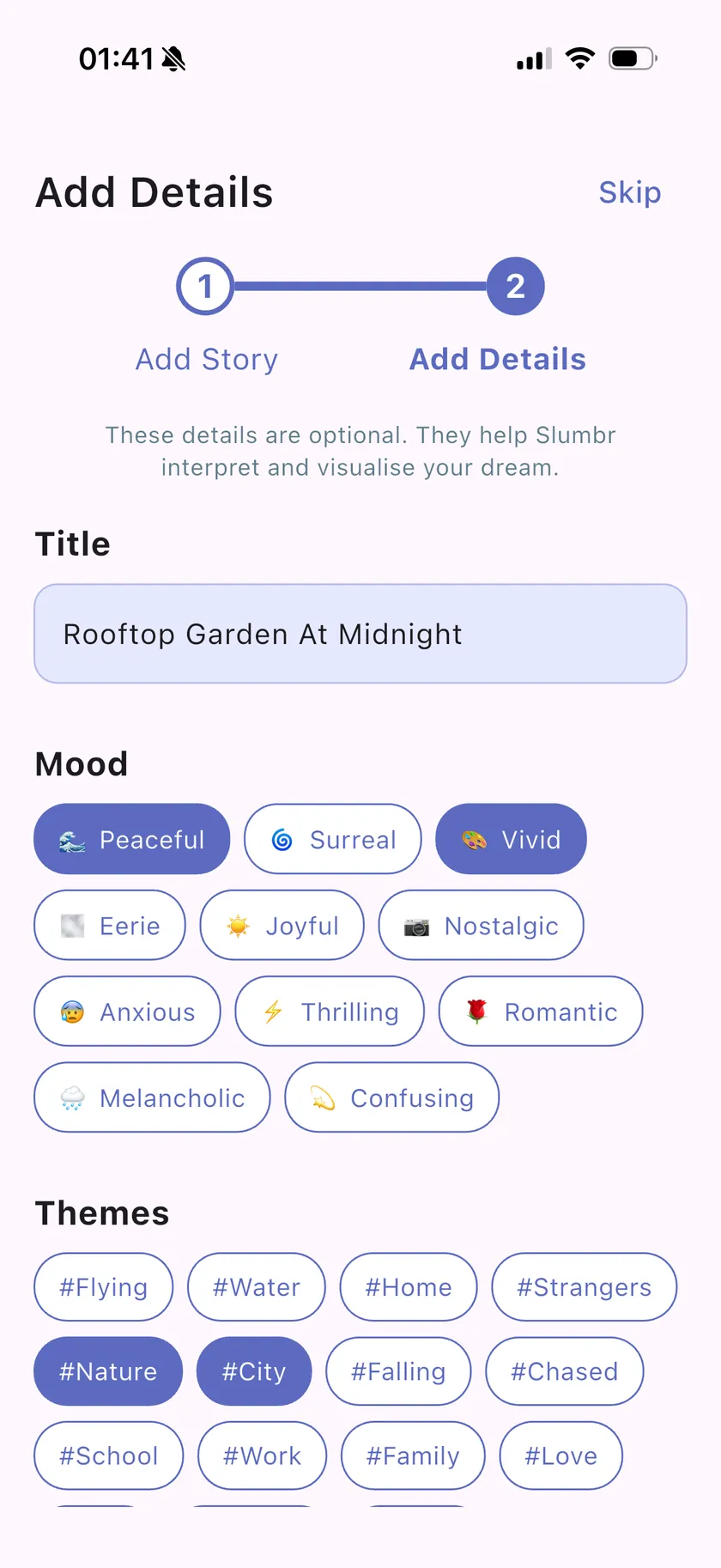 Slumbr's Add Details step, tagging the dream with mood chips such as Peaceful and Vivid and theme tags such as #Nature and #City